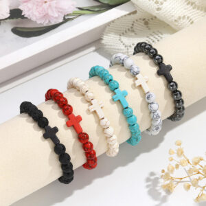KOMI New Turquoise Black Gallstone Volcanic Stone Bracelet with Cross Elastic Bracelet