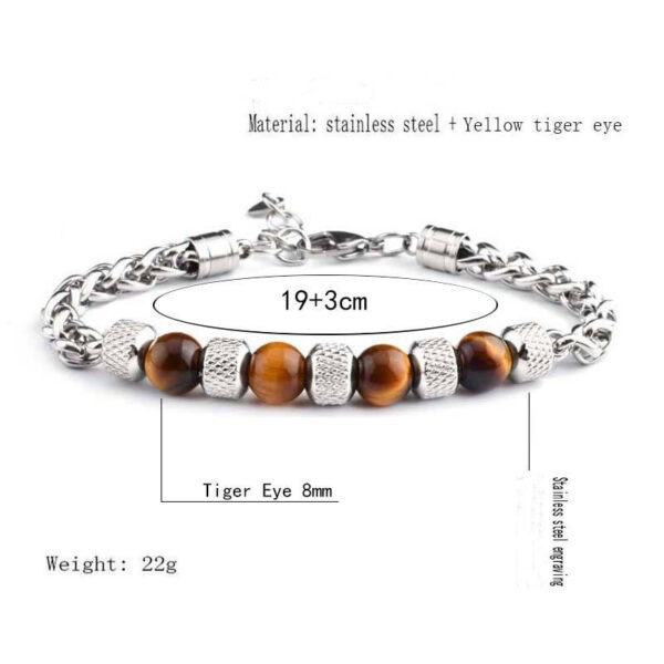 Komi Natural Tiger Eye Stone Bracelet Titanium Steel Adjustable Beaded String Bracelets Cuff Bangles for Men Birthday Gifts
