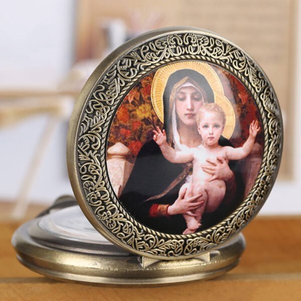 KOMI Wholesale Vintage Classic Large Pocket Watch Religious Virgin Mary and Jesus Motif Quartz Pocket Watch for Men Women Gift