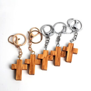 KOMI Hot Sale Olive Wood Cross Keychain Handmade Wooden Cross Pendant Keyring DIY Bag Car Decorations Gift