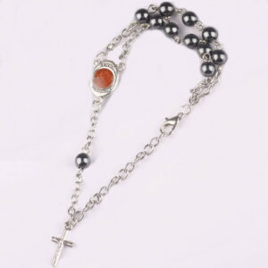 KOMI Women Handmade 6mm Natural Stone Hematite Beaded Bracelet Silver Chain Cross Charm Bracelet Bangles for Women Jewelry Gifts