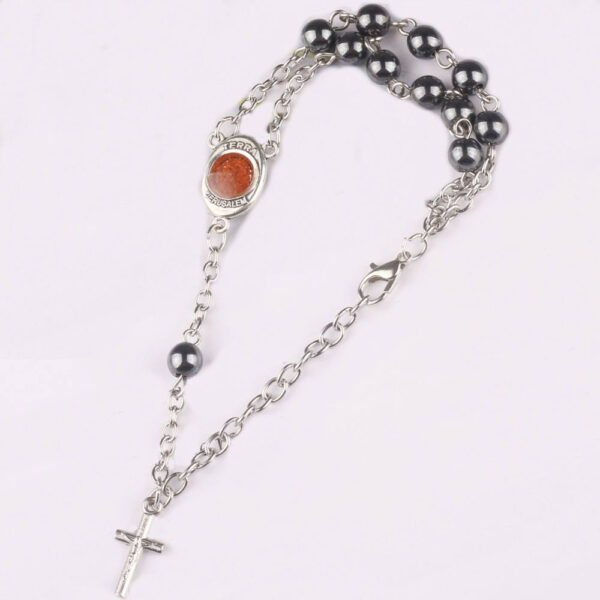KOMI Women Handmade 6mm Natural Stone Hematite Beaded Bracelet Silver Chain Cross Charm Bracelet Bangles for Women Jewelry Gifts