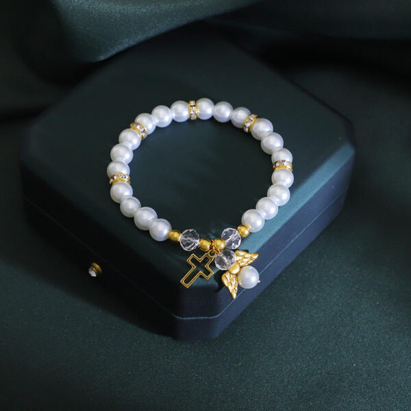 KOMI Christian Gifts Cross Bracelet for Women Dainty Crystal Pearl Beaded Bracelets Cross Angel Charms Cuff Bracelets for Women