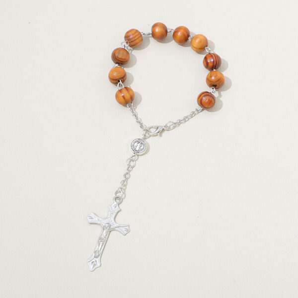 H84cc0ae70b6c44a8970ee62a3cab2e3bI Hot Selling Catholic Rosary Wooden Bead Bracelet Saint Benedict Alloy Jesus Cross Religious Jewelry Bracelet