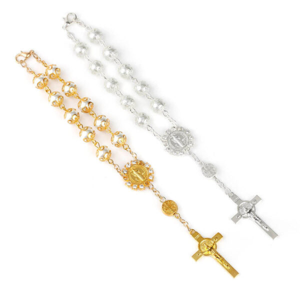 H84da49e85e824de78a20d80d830ee48cw Golden Tori Glass Imitation Pearl Alloy Jesus Cross Gold St. Benedict Medal Catholic Rosary Bracelet Religious Pendant Bracelet