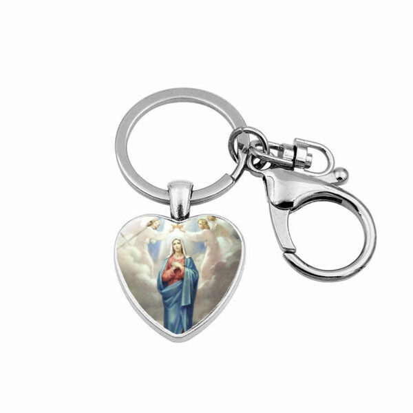 KOMI Religious Fashion Accessory Virgin Mary Heart Charms Keychain Metal Keyrings Keychains for Women Birthday Crafts Gifts