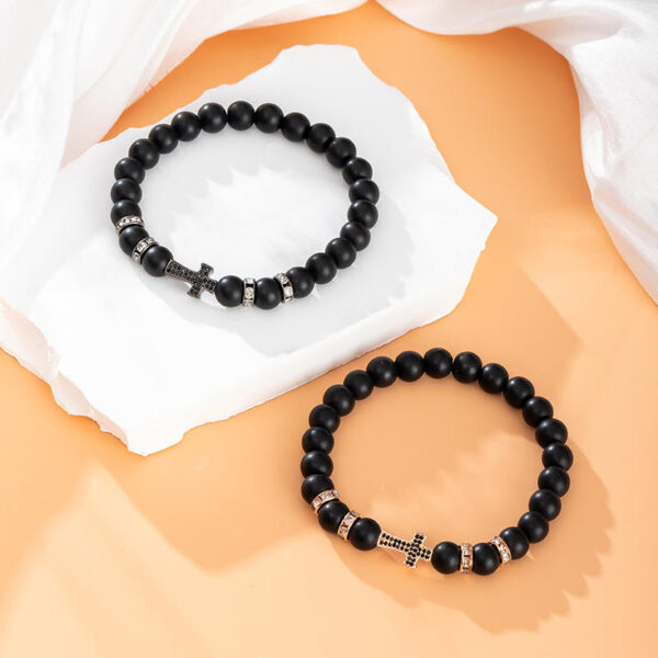 KOMI Fashion Hot Selling Natural Stone Beaded Bracelet Black Frosted Gemstone Zircon Cross Beads Wrist Bracelets for Men Women