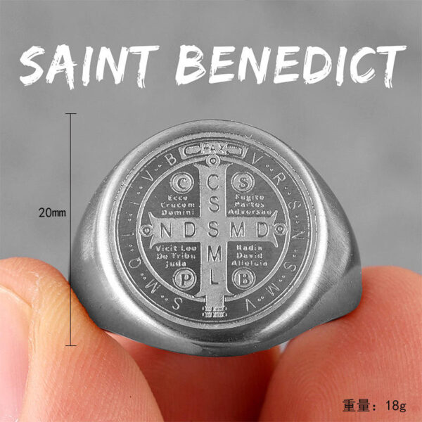 H864b42e777fa42e4895d4762dea7ec0fA Komi Vintage Saint Benedict Cross Religious Titanium Steel Ring Round Broad Face Print Religious Ring