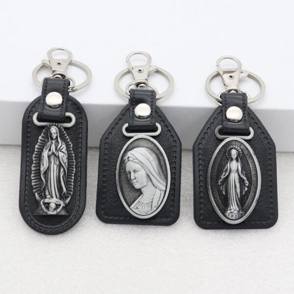 Factory Wholesale Spot Retro Metal Leather Combination Car Ornament Religious Figure Pattern Keychain Jewelry Pendant