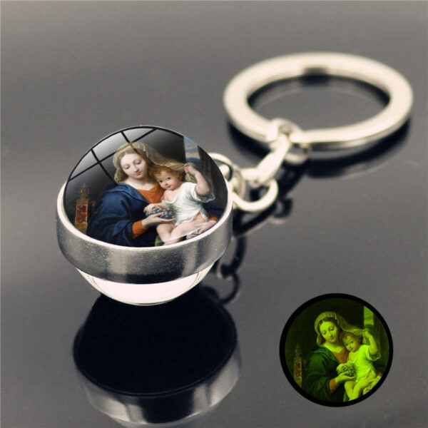 KOMI Virgin Mary Luminous Keychain Double-sided Keyrings Crystal Glass Ball Pendant Metal Keychains Religious Craft Gifts