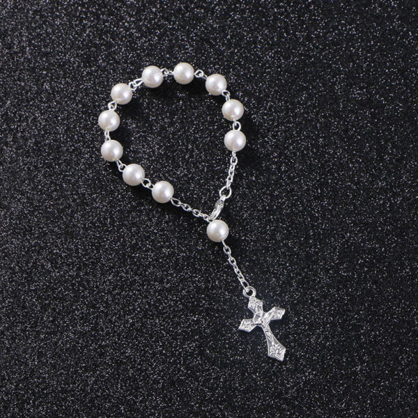 H8a502d7284f94d09b60087604f4f6d76d KOMi Religious Rosary Bracelet White Glass Pearl Imitation Children's Communion Baby's Baptism Bracelet Favors Catholic Mini Ro