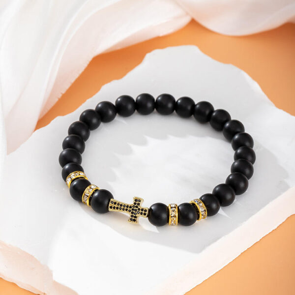 KOMI Fashion Hot Selling Natural Stone Beaded Bracelet Black Frosted Gemstone Zircon Cross Beads Wrist Bracelets for Men Women