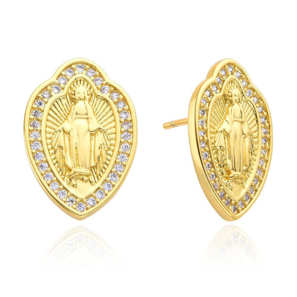 H8e61a2cd36e4445bb79462ab66897ad7s KOMI Gold CZ Virgin Mary Stud Earrings for Women Trendy 14K Gold Plated Cubic Zirconia Shield Madonna Earrings Studs for Women