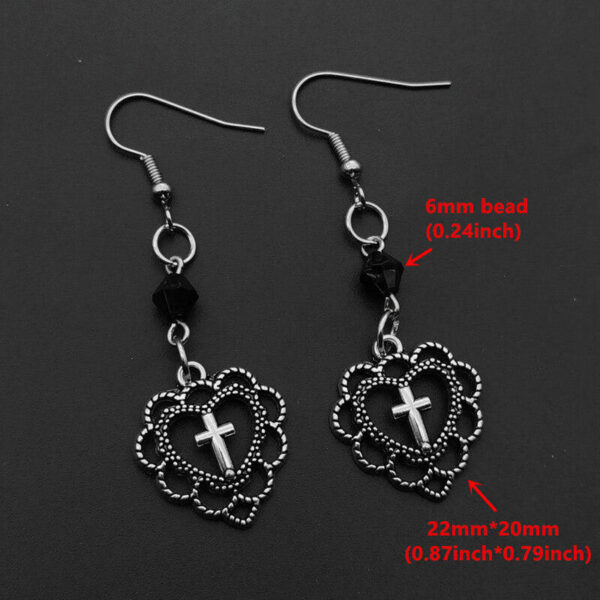 H8f5c4856506b41428eaf90e3d5e7e6dbu Gothic-Punk Style Heart-Shaped Hollow Religious Cross Pendant Earrings Paired With Black Opal Crystal Bead Earrings Accessories
