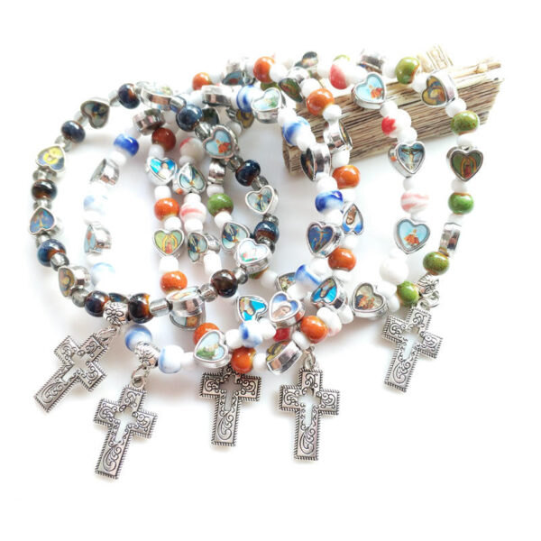 KOMI Hot Selling Multicolor Ceramic Hollow Cross Religious Mary Jesus Virgin Elastic Beading Bracelet