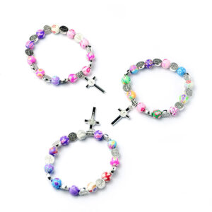 KOMI Wholesale 8mm Polymer Clay Rosary Beads Bracelet Hand String Elastic Bracelet with Cross Charm St.Benedict Beaded Bangles