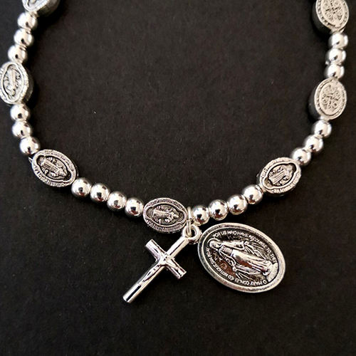 Handmade Rosary Bracelet Elasticated Metal Bracelet Stations of the Cross Medals and Ccb Beads Rosary Prayer Bracelets