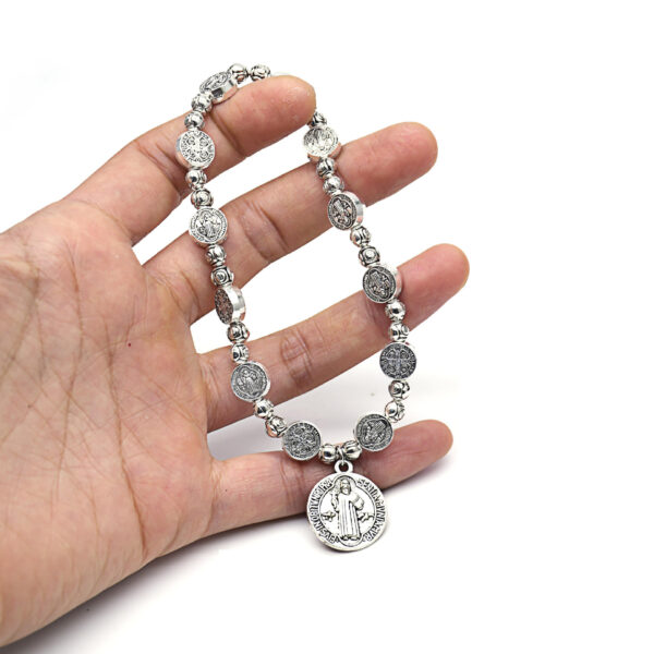 H9317d2b2b98e4c84a2a41250e020e29b9 Komi Religious Metal Alloy Round Beads Cathlolic St. Benedict Medal Pendant Rosary Prayer Bracelet