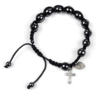 Komi Black Gallstone Beads Bracelet Metal Cross Pendant Catholic Knitted Woven Bracelet