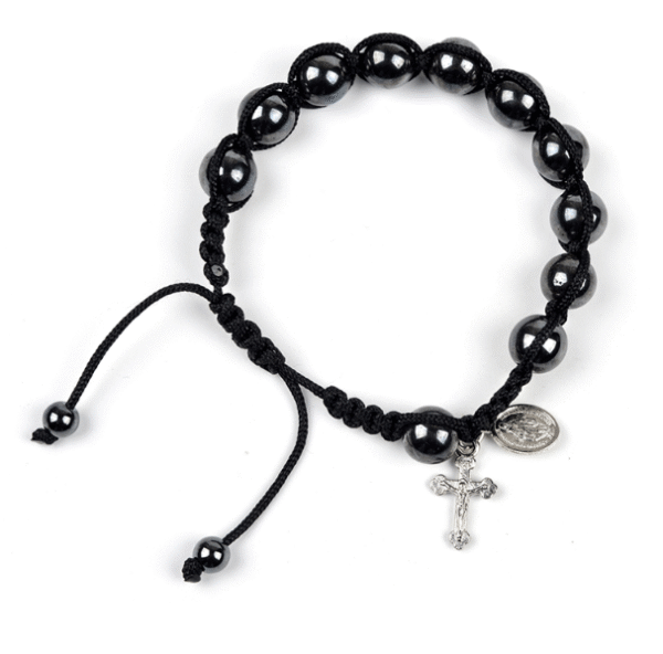Komi Black Gallstone Beads Bracelet Metal Cross Pendant Catholic Knitted Woven Bracelet