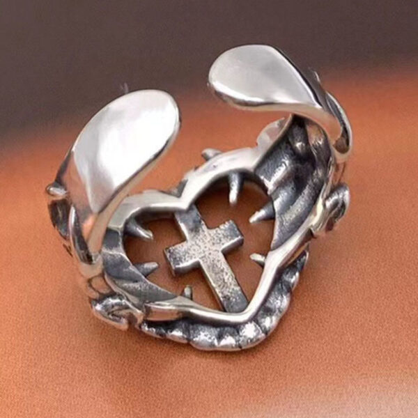 H9528327b9c5f49cfa0347a590bbf651eo KOMI Anti Silver Cross Heart Rings Adjustable Ring Religious Christian Silver Large Heart Cross Open Rings for Women Men Gifts