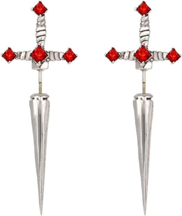 KOMI Vintage Cool Red Crystal Sword Dagger Cross Earrings Studs Original Halloween Gothic Earrings for Girls Boys Party Gifts