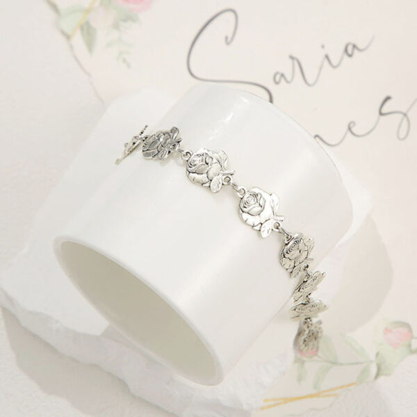 KOMI Silver Rose Flower Link Bracelets for Women Dangling Virgin Mary Medal and Cross Charms Bracelets Jewelry Gifts for Girls