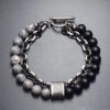 Komi Layered Bracelets Beads and Chunky Metal Chain Bracelet Tiger Eye Lava Rock Gemstone Beaded Bracelet Bangles