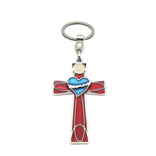 KOMI Christian Cross Keychains for Women Colored Enamel Heart Cross KeyChain for Men Cross Pendant Keyrings for Car Baptism Gift
