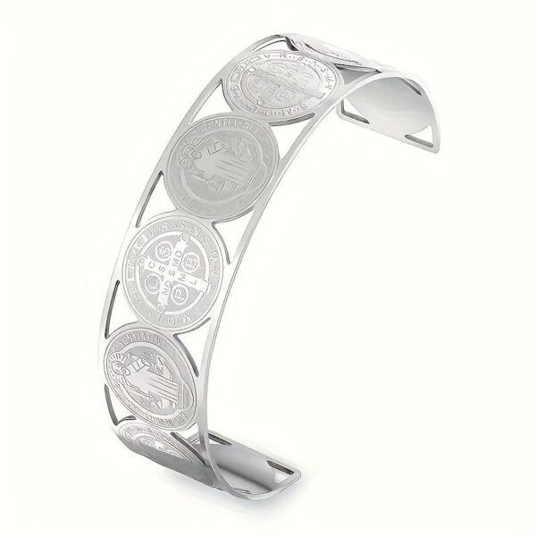 H99c29a45338145e59522f18afdef5201U KOMI Stainless Steel Saint Benedict Cross Bracelet for Women Silver Gold Chunky Religious Cuff Bangles for Christian Prayer Gift