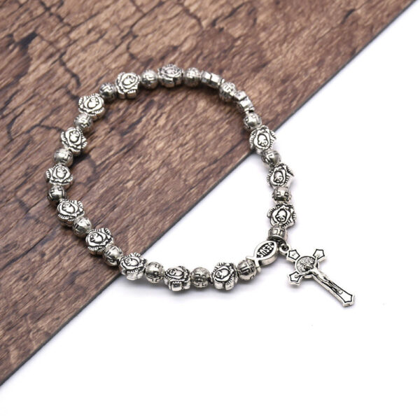 Komi Metal Catholic Elasticated Round Rose Alloy Beads Rosary Beads Cross Pendant Prayer Bracelet