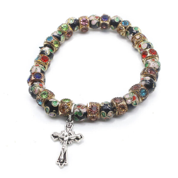 New Design Cloisonne Beads Beaded Cross Stretch Rosary Bracelet with Crucifix Elastic Rope Bracelet for Women