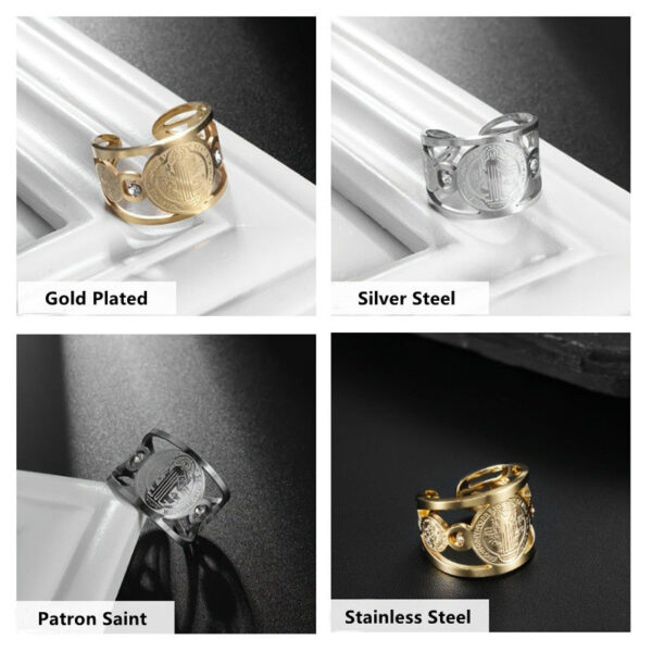 H9b4635f950004325bcd73ea3b84735f8P KOMI Gold Stainless Steel Zircon St.Benedict Cross Exorcism Ring for Men Silver Patron Saint Benedict Adjustable Opening Rings
