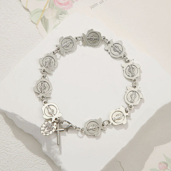 KOMI Silver Rose Flower Link Bracelets for Women Dangling Virgin Mary Medal and Cross Charms Bracelets Jewelry Gifts for Girls