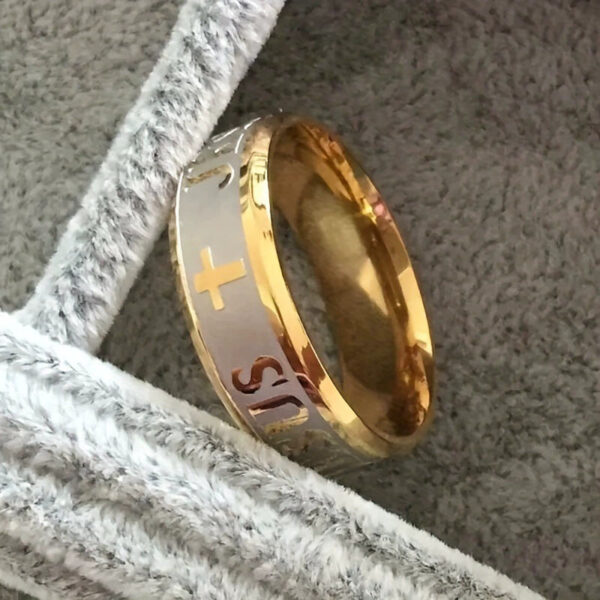H9bba0322657a44e0a1dfb977a64e1a45S KOMI Mens Black Silver Gold Stainless Steel Rings Lords Prayer Jesus Cross Ring Trendy Men Wedding Band Ring for Men Comfort Fit
