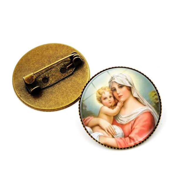 KOMI Wholesale Vintage Anti-Bronze Round Glass Virgin Mary Medal Brooch Badge Personality Accessories Clothes Brooch Pins