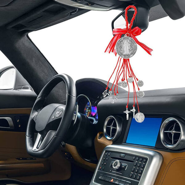 KOMI Silver St. Benedict Medals Keys Crucifix Cross Charms Pendants Ribbon Rope Hanging for Car Accessories Door Home Decoration