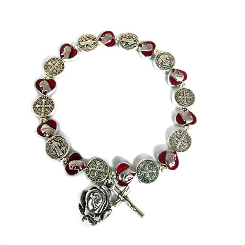 St. Benedict Medal and Red Heart Shaped Medal Bracelet with Cross and Maria Dedal
