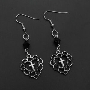 Ha101c26cd8714ace836503a45ce86ee55 Gothic-Punk Style Heart-Shaped Hollow Religious Cross Pendant Earrings Paired With Black Opal Crystal Bead Earrings Accessories