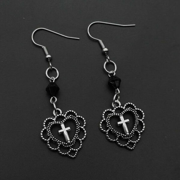 Ha101c26cd8714ace836503a45ce86ee55 Gothic-Punk Style Heart-Shaped Hollow Religious Cross Pendant Earrings Paired With Black Opal Crystal Bead Earrings Accessories