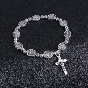 Komi Handmade Rosary Bracelet Elasticated Metal Bracelet Round Rose Alloy Beads Catholic Saints Images Prayer Bracelets
