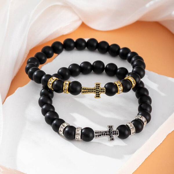 KOMI Fashion Hot Selling Natural Stone Beaded Bracelet Black Frosted Gemstone Zircon Cross Beads Wrist Bracelets for Men Women