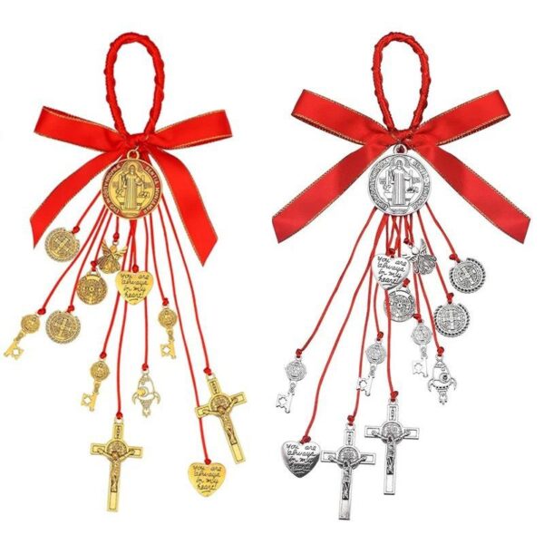 KOMI Silver St. Benedict Medals Keys Crucifix Cross Charms Pendants Ribbon Rope Hanging for Car Accessories Door Home Decoration