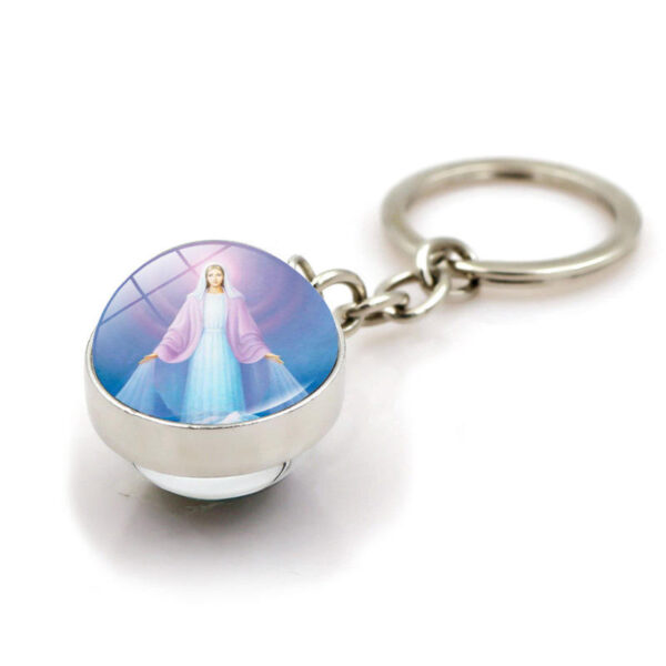 KOMI Virgin Mary Luminous Keychain Double-sided Keyrings Crystal Glass Ball Pendant Metal Keychains Religious Craft Gifts