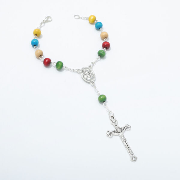 Hot Selling Rosary Bracelet Handmade Colorful Wooden Beads Alloy Jesus Cross Maria Medal Religious Jewelry Bracelet