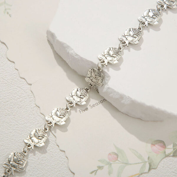 KOMI Silver Rose Flower Link Bracelets for Women Dangling Virgin Mary Medal and Cross Charms Bracelets Jewelry Gifts for Girls