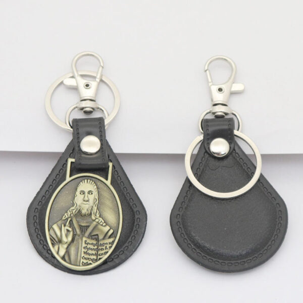 Factory Wholesale Spot Retro Metal Leather Combination Car Ornament Religious Figure Pattern Keychain Jewelry Pendant