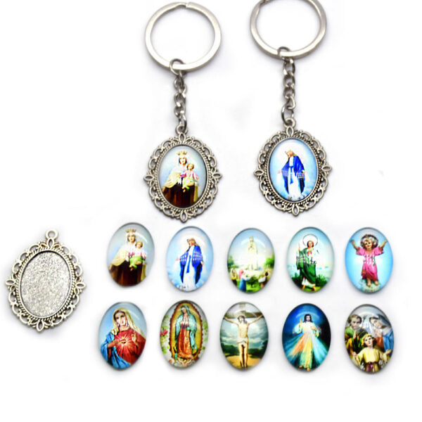 KOMI New Glass Madonna Religious Cross Keychain Hanging Ring Accessories