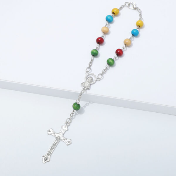 Hot Selling Rosary Bracelet Handmade Colorful Wooden Beads Alloy Jesus Cross Maria Medal Religious Jewelry Bracelet