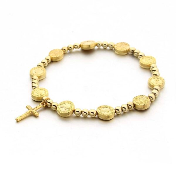 Hot Selling Alloy Bracelet Gold Round Beads Saint Benedict Cross Pendant Bracelet Religious Elastic Line Beaded Bracelet